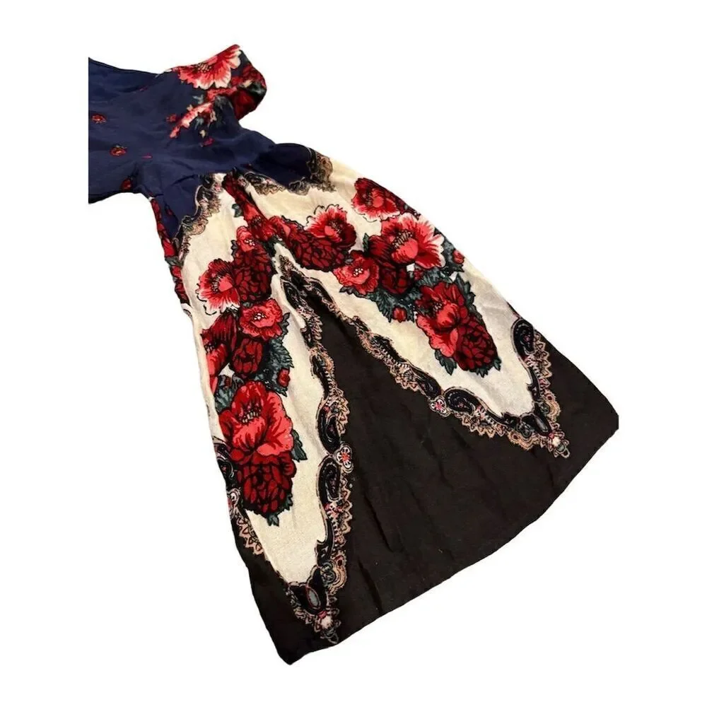 Free People Floral Tapestry Boho Peasant Dress Multicolor Long Sleeve Size XS